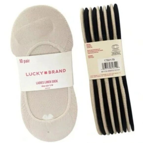 LUCKY BRAND No Show Socks 5 Nude/5 Black Ladies Liner Socks Shoe Sz 5 to 10 NWT - Picture 1 of 4